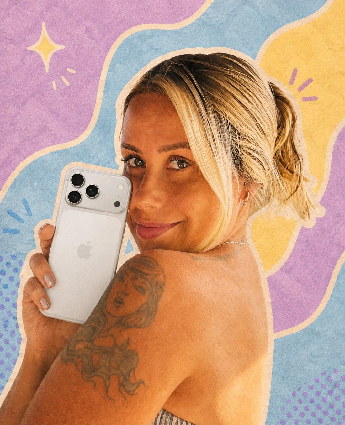 Duda segurando o celular em um cenário de cores pastel
