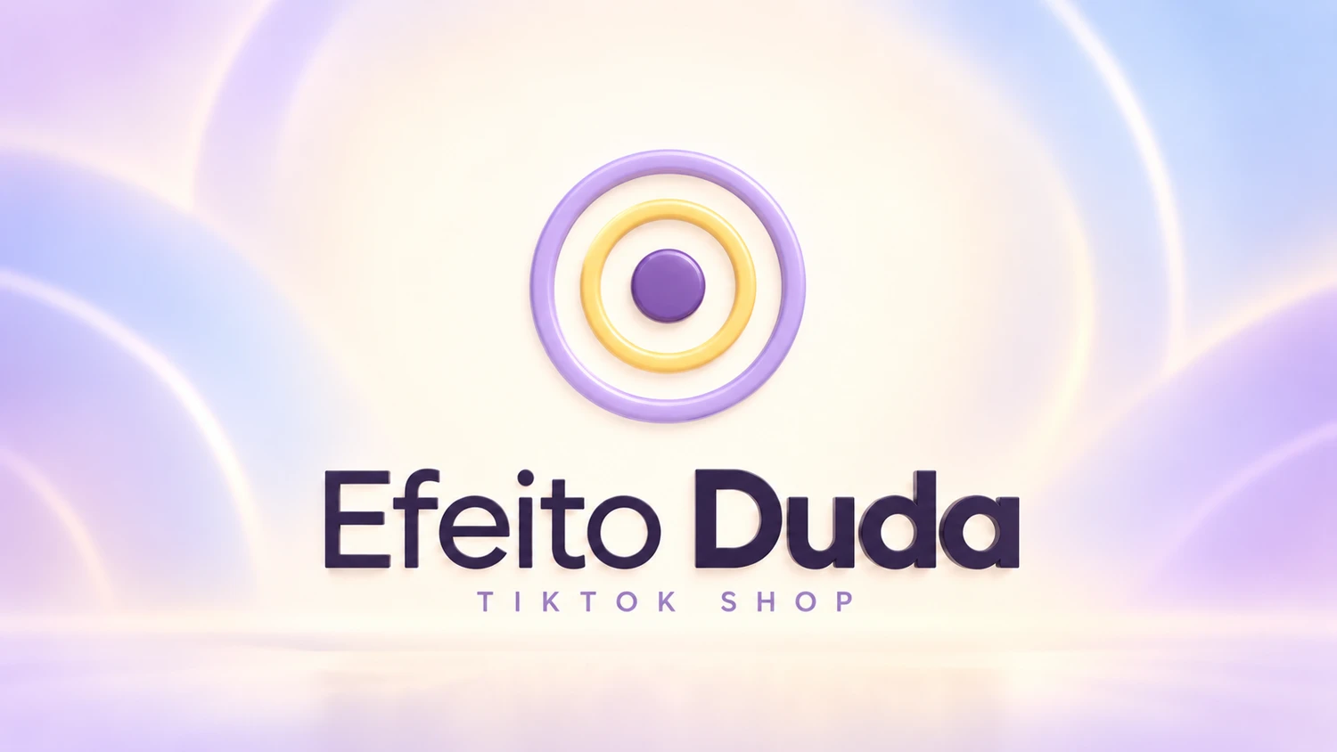 Logo Efeito Duda com ponto central lilás e dois anéis, amarelo e lilás, com acabamento 3D