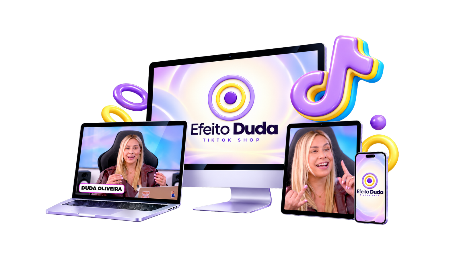 Curso Efeito Duda apresentado em diferentes dispositivos com cenas reais das aulas